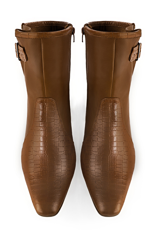 Caramel brown women's ankle boots with buckles on the sides. Square toe. Medium block heels. Top view - Florence KOOIJMAN